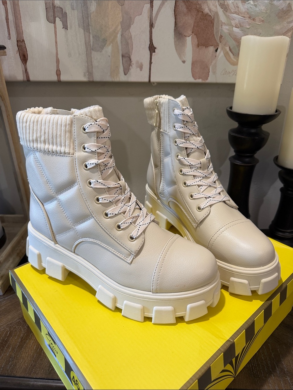 Circus by Sam Edelman Women's Cream Chunky Lace-Up Combat Boots